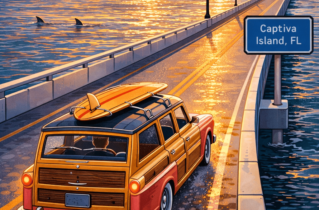 Check out the view of the old woody station wagon crossing the bridge to Captiva Island at Sunset to advertise that Barefoot Insurance Brokers proudly assist residents, drivers and businessowners of Captiva Island. Call us today at 954-368-0060 for insurance quotes today!