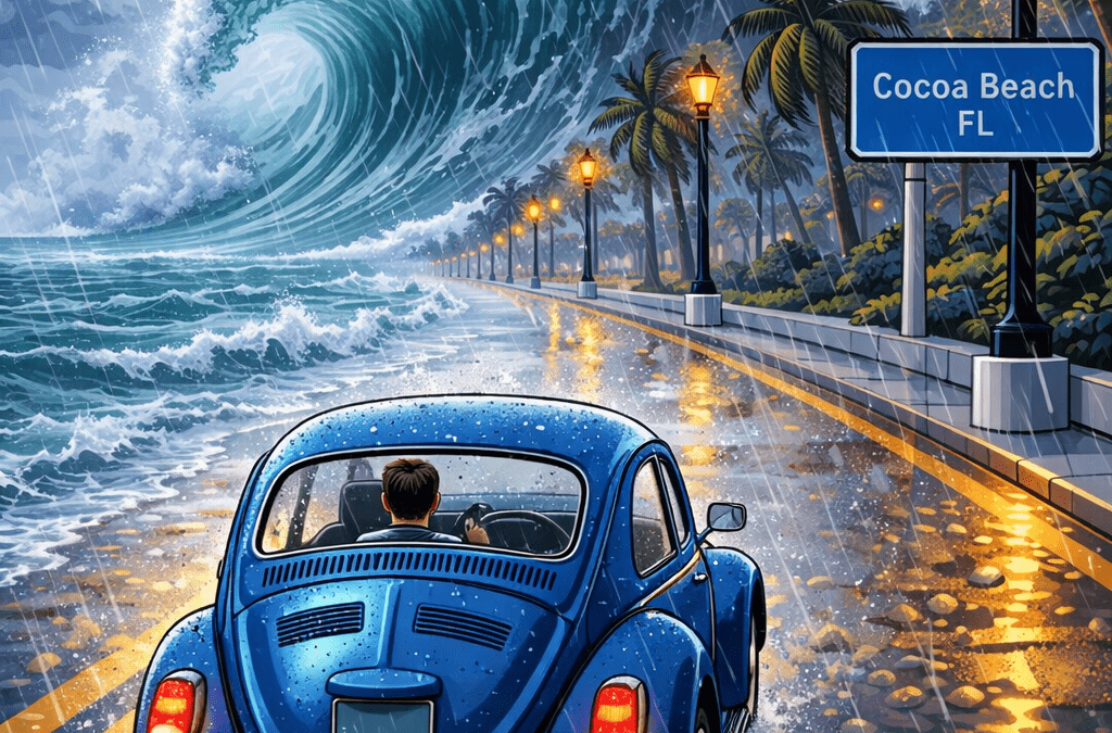 Check out the View of a Blue Volkswagen Beetle Car driving into a tidal wave on Cocoa Beach, FL to help find local insurance consumers and assist with auto insurance products through Barefoot Insurance Brokers! Call 321-218-3880