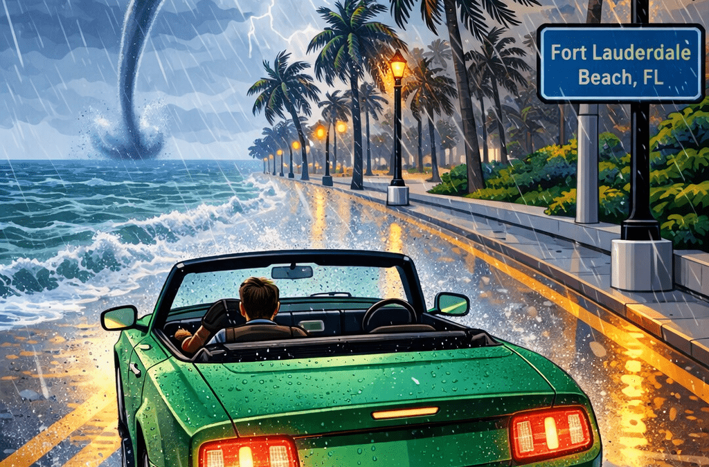A view of a Green Mustang Convertible with the top down driving down A1A in Fort Lauderdale, FL toward a distant waterspout and thunderstorm. Let Barefoot Insurance Brokers protect your stuff against weather hazards by calling 954-368-0060