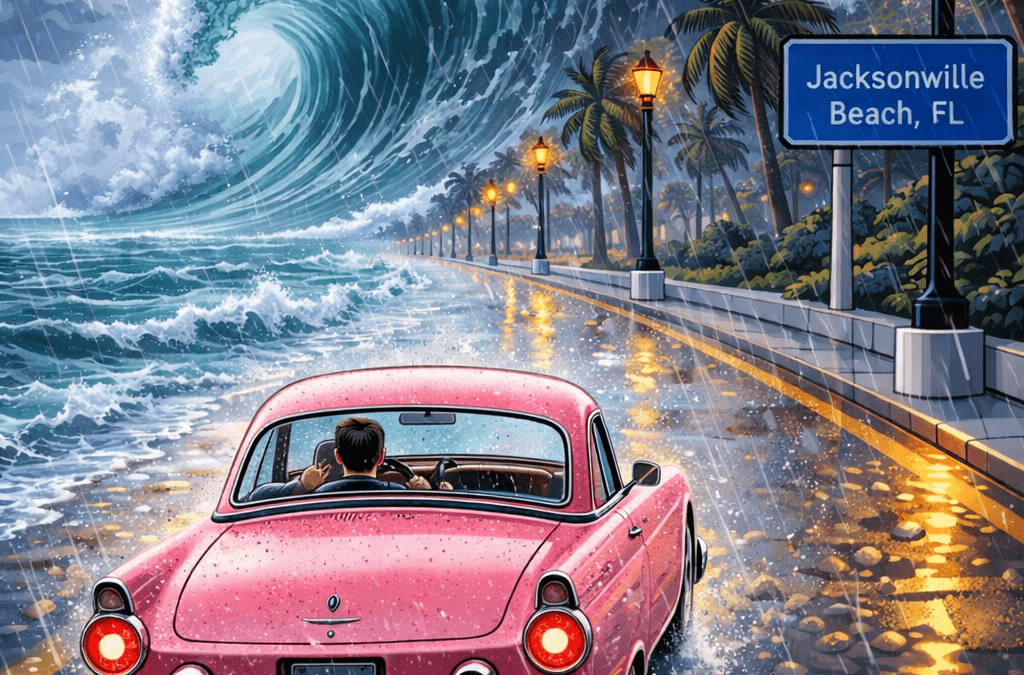 Check out the view of this pink Thunderbird driving into a huge coastal wave on Jacksonville Beach, FL to advertise Barefoot Insurance Brokers auto insurance service. Call today at 954-368-0060